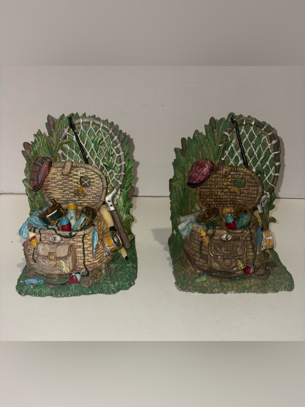 Fishing Tackle Bookends - Detailed Resin Design in Brown and Green
